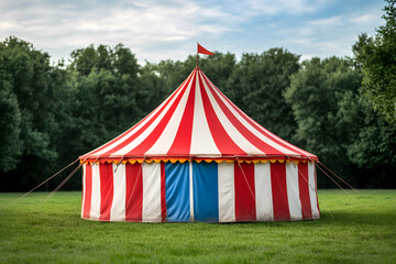 Striking red and white striped tent with a small red flag stands on lush green grass, with tall trees creating a scenic backdrop. The tent invites wonder and adventure.