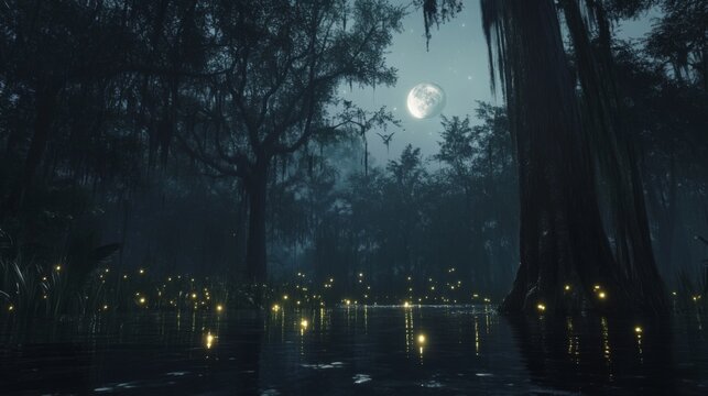 Mystical swamp at night, full moon, glowing insects