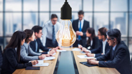 Fototapeta premium A glowing lightbulb hanging above a group of business professionals having a meeting in a modern office, symbolizing teamwork, collaboration, and creativity in the workplace.