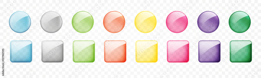 Poster glass buttons color. vector realistic set 3d graphic. transparent button for web design