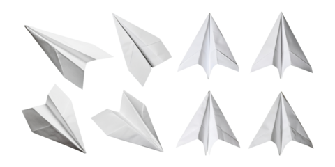 Various White Paper Airplanes in Different Designs, PNG set collection, isolated on transparent background