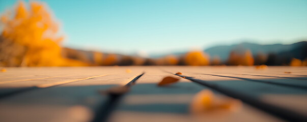 Natural abstract background with blurred autumn landscape on path with fallen leaves and deep sky, photographed with moving camera, blurred forest, space for text.