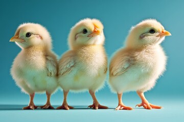 Fototapeta premium A series of small decorative Easter chickens on a blue background