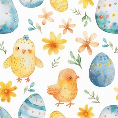 Seamless kids pattern with Easter drawing watercolor abstract illustration on white background