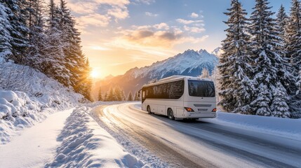 Scenic winter bus travel through snow-covered mountains at sunset