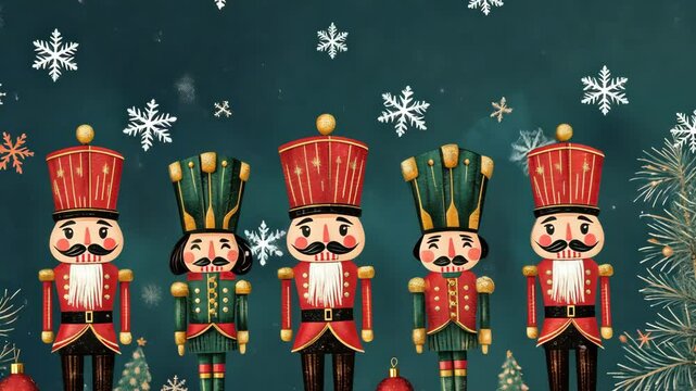 Festive nutcracker ballet: dancing soldiers in a winter wonderland