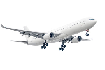 Obraz premium White airplane on white background shows its landing gear. The aircraft is ready to touch down on the runway after a smooth flight. Wheels are down!