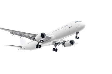 Obraz premium Airplane ready to land on a white background, showcasing its engineering and the anticipation of arrival. Travel's journey captured.