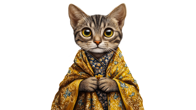 Cat wearing ornate robe in artistic display
