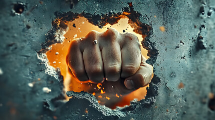 Fototapeta premium Close up of punched fist break through the concrete wall. Surrealistic photography. Strength and power concept