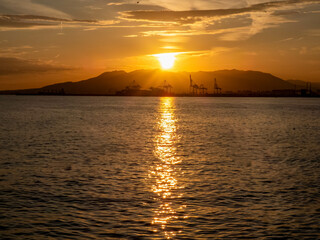 Sunset in Malaga port in southern Spain