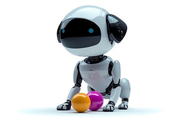 A futuristic robot designed as a home pet crouches playfully with colorful spheres on a white background