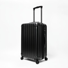 Black carry-on suitcase with an extendable handle on a white background.