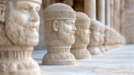 Obraz premium Ancient stone heads lining walkway. Outdoor historical architecture. Possible use for history, culture, and tourism