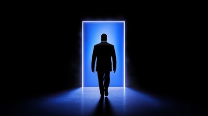 Obraz premium Silhouette of a man in a suit walking toward a bright blue doorway. A mysterious and hopeful image.