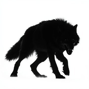 Black wolf prowling, teeth bared in the white space. The wolf is fierce.