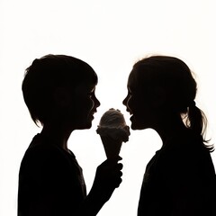 Silhouetted children share an ice cream cone on a bright, sunny day.