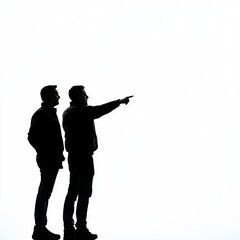 Silhouetted duo gazing into the distance, one pointing at something unseen.