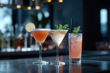 Beverage variety: alcohol blends, mocktails display, colorful mixes, elegant garnishes, chilled servings, bar atmosphere, diverse drinks, creative creations, glass elegance, refreshing taste.