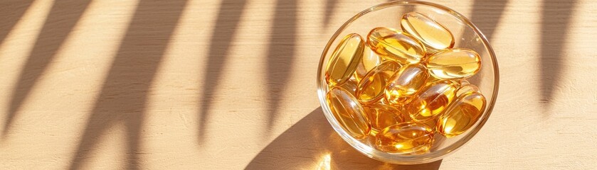 Brightly Lit Bowl of Softgel Capsules on Wooden Surface with Gentle Shadows and Warm Tones