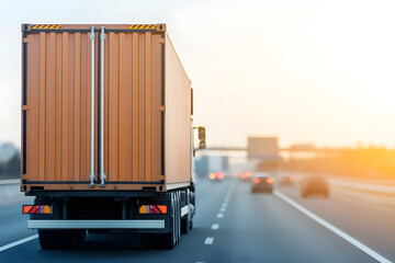 Freight truck driving on a highway. Commercial semi trailer carrying goods for global trade and logistics on an interstate road during a sunset.