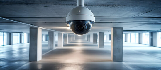 CCTV camera mounted on the concrete ceiling of the parking area in the condominium with copy space