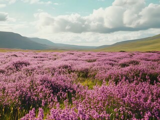 Naklejka premium A sprawling field of heather in full bloom