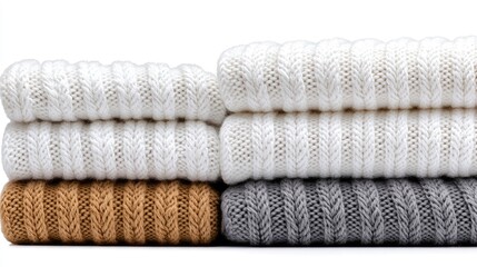 Knitted sweaters stacked, various colors,  isolated background, apparel display, fashion