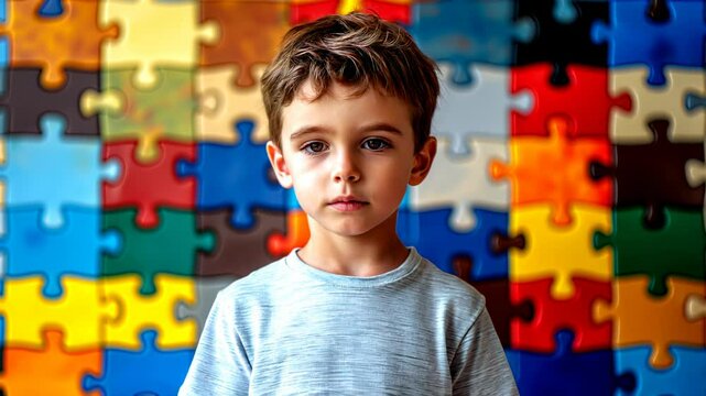 Infant boy looking at the camera with a wall made of autism awareness puzzle multi colored pieces jigsaw behind him. A young autistic boy
