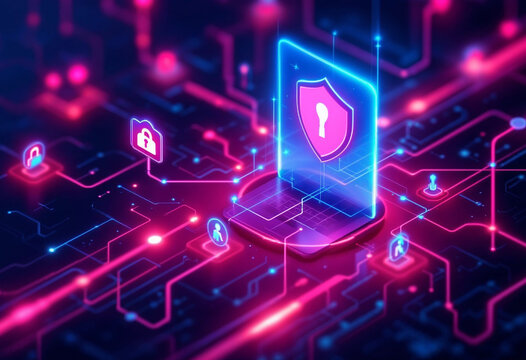 Cybersecurity shield with glowing lock on a futuristic digital network symbolizing data protection encryption online privacy and secure computing technology in cyberspace

