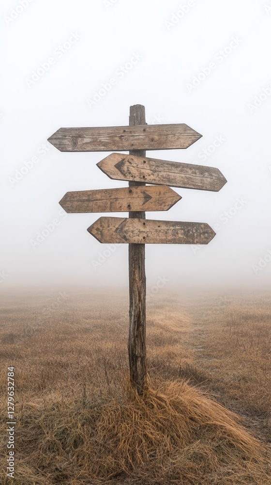 Poster Wooden signpost with four blank arrows pointing in various directions in a desolate, foggy landscape, symbolizing difficult choices, uncertainty, and the challenge of decision making