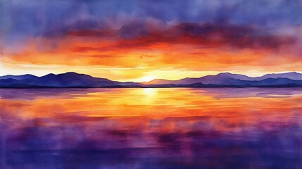 Obraz premium Watercolor sunset over a lake, vibrant colors, mountains in the background, artistic view, for wallpapers or prints