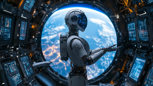 無重力環境で動作テストを行うヒューマノイドロボットの宇宙作業シーン