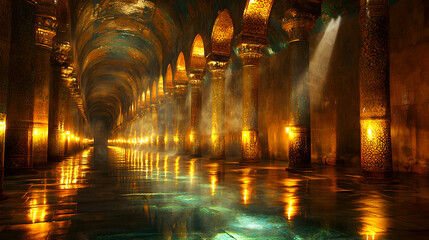 Golden Palace Hallway, Water Reflections, Mystical Light, Architecture Design