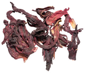 Dried hibiscus petals ,karkade flower with a deep red color and wrinkled texture.Used for herbal tea, antioxidants © nndanko