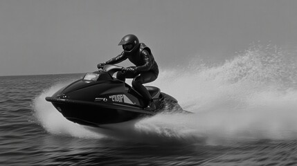 Fototapeta premium Person Riding Jet Ski on Water with Spray and Motion in Black and White