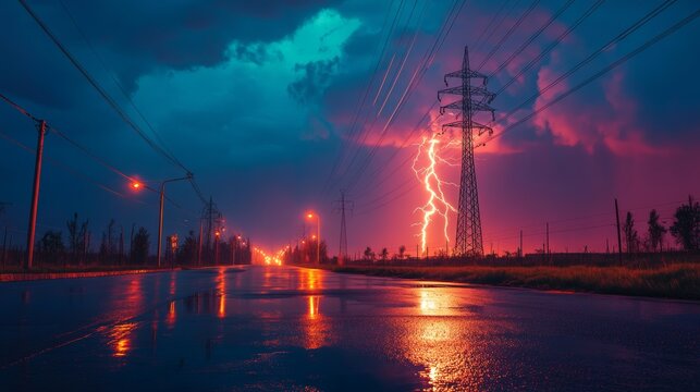 A powerful lightning bolt hits a power line amidst a nighttime storm. The storm clouds are swathed in darkness, creating a dramatic scene, and the lightning flashes illuminate the surroundings