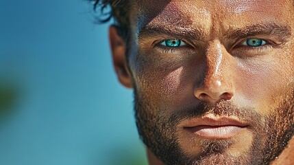 Fototapeta premium A man with brown eyes turns away from the camera as he applies light makeup to his face
