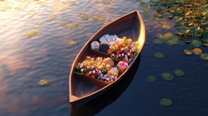 Fototapeta premium Romantic Boat Filled with Colorful Flowers and Gifts on Water