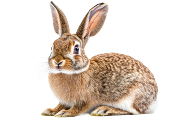 Rabbit sitting calmly against a white background