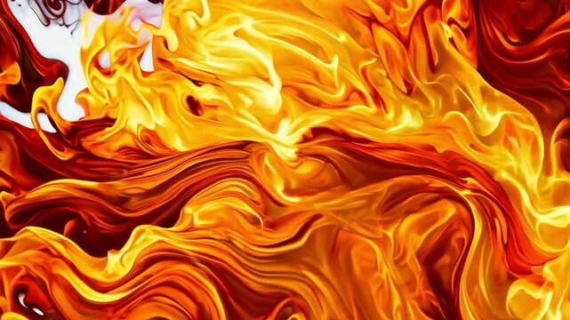 Fire flames on white background. Beautiful dancing fire, the surface is ablaze. Lots of fire. Close-up immersion in the flames. The camera passes through the fire. Burning tongues of flame
