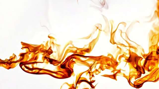 Fire flames on white background. Beautiful dancing fire, the surface is ablaze. Lots of fire. Close-up immersion in the flames. The camera passes through the fire. Burning tongues of flame