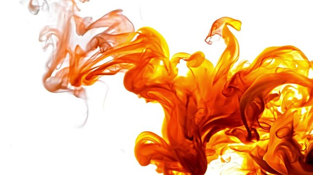 Fire flames on white background. Beautiful dancing fire, the surface is ablaze. Lots of fire. Close-up immersion in the flames. The camera passes through the fire. Burning tongues of flame