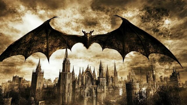 Giant bat soaring over ancient gothic city under dark stormy sky at twilight