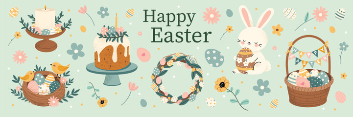 Happy Easter illustration with a cute bunny, decorated eggs, spring flowers, and a festive basket. Adorable holiday artwork with cozy details. Perfect for postcards, greeting cards, and posters.