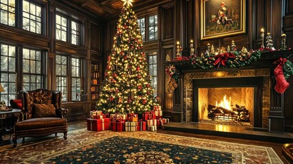 Cozy christmas eve by the fireplace with glowing tree and presents - Powered by Adobe