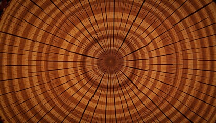 Detailed image of a felled oak trees end grain showcasing rough textures and warm dark brownorange tones