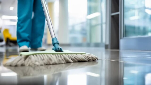 Close-up of a hospital cleaning staff using mop in floor hall
