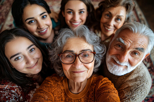 joyful family portrait featuring multiple generations smiling together, showcasing love and connection. warm atmosphere highlights bond among family members