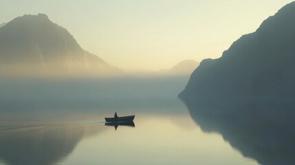 Serene Morning Mist Over Calm Waters with Fisherman in Small Boat